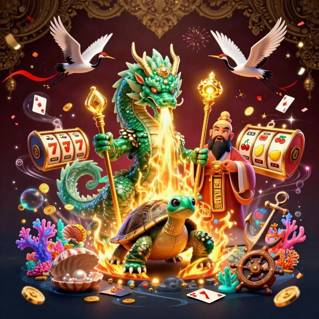 Jade dragon, turtle sage, and cranes amid treasure cove with slots, gold fire, and casino glow.