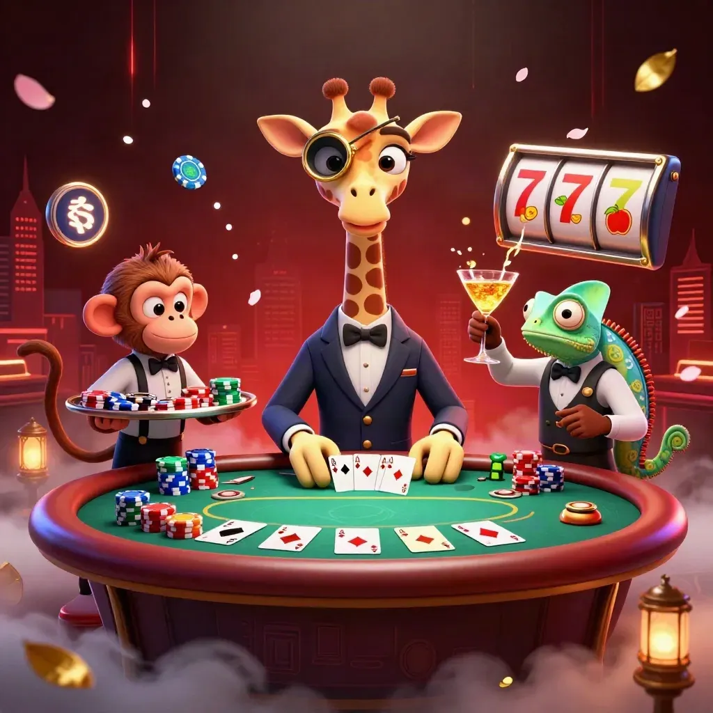 Giraffe, monkey and chameleon at a glowing poker table with chips, cards and neon casino effects.