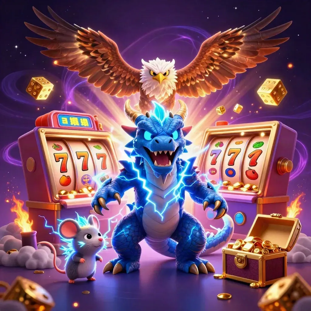 Thunder dragon, hawk and mouse bursting from a slot machine amid gold and neon sparks.