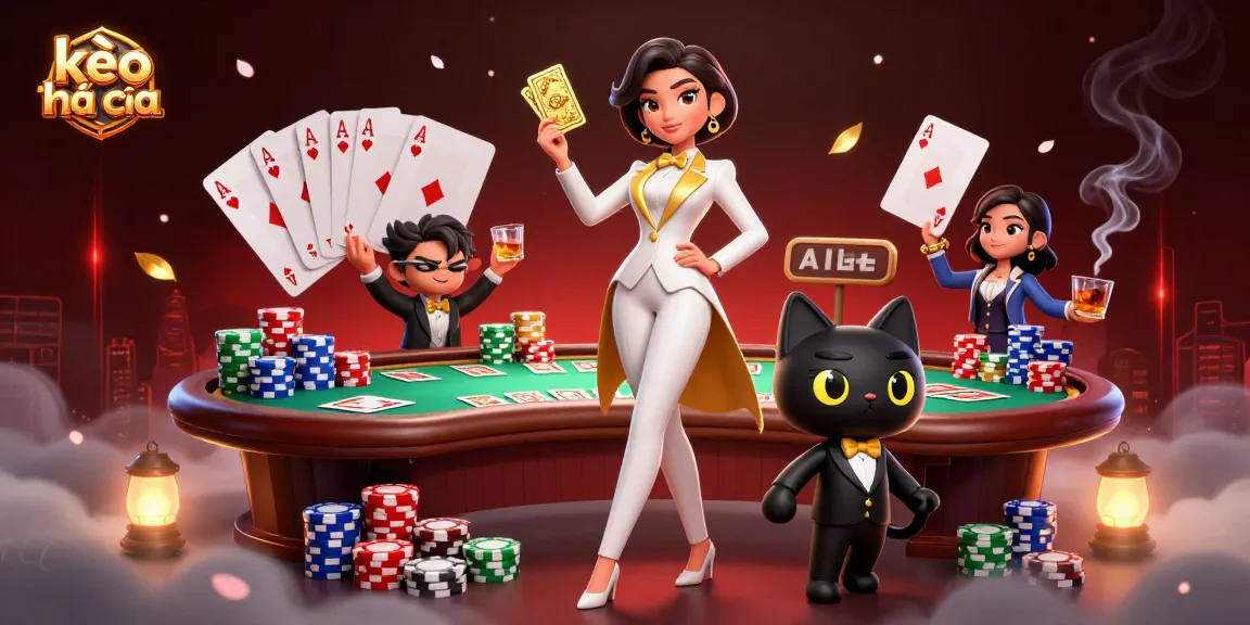 Engage with kèo nhà cái at a vibrant casino scene featuring a glamorous woman in a tuxedo shuffling cards beside a cat.