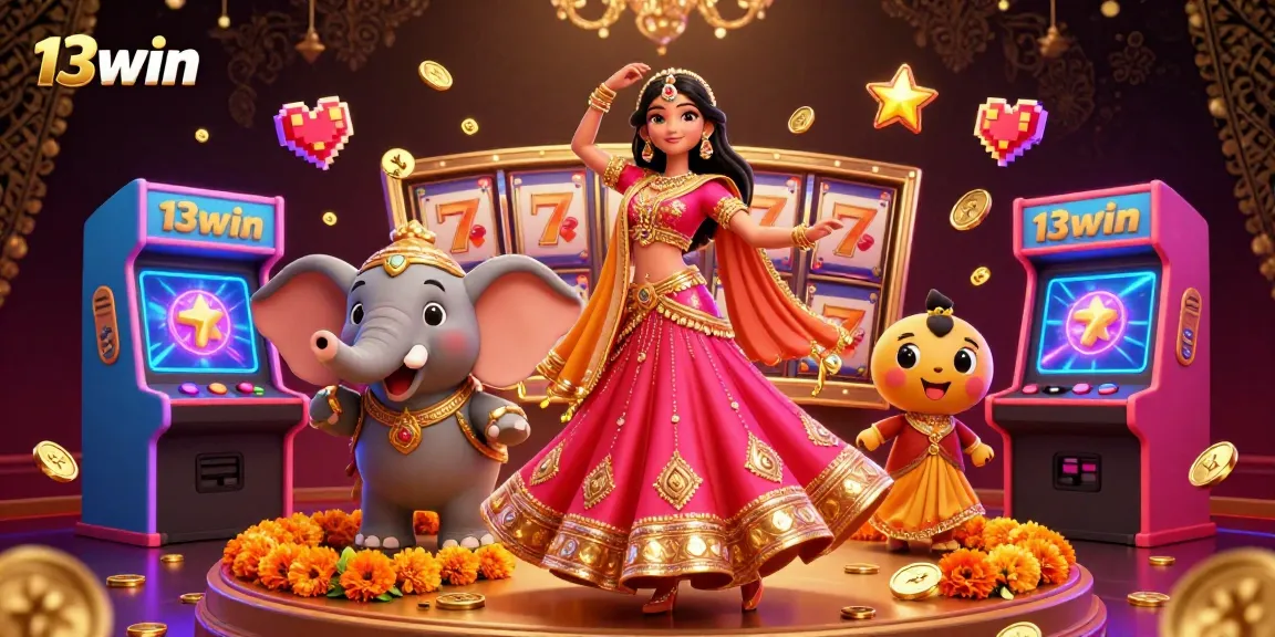 Engage with 13win's thrilling games in this vibrant 3D illustration featuring a charming themed casino environment.