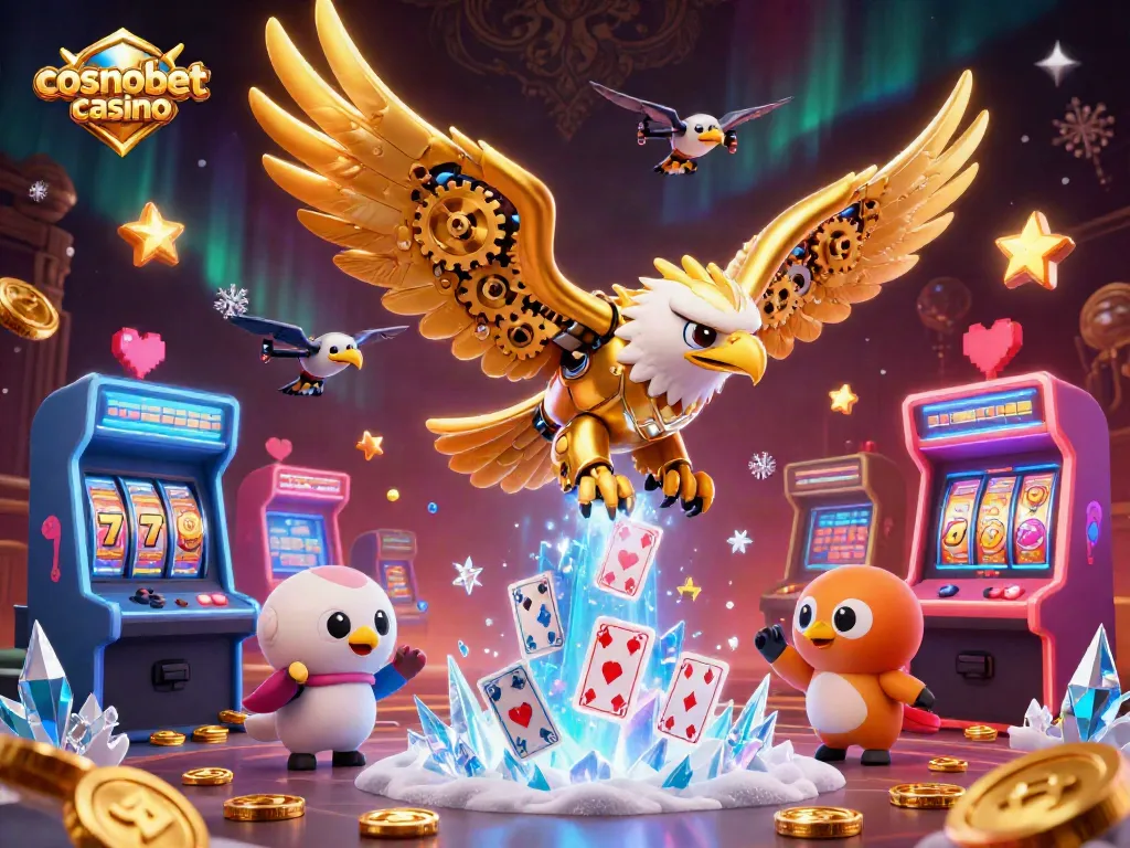 Experience the thrill of cosmobet casino as a mechanical eagle dives through vibrant holographic cards and arcade games.