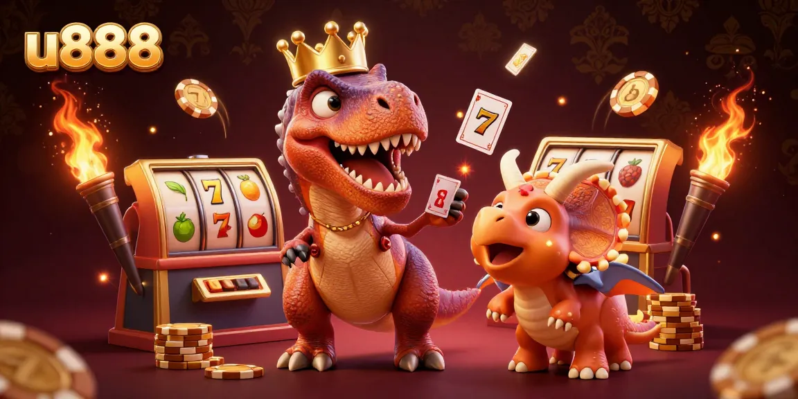 u888 showcases a fun scene of a T-Rex shuffling cards with friends in a lively casino environment.