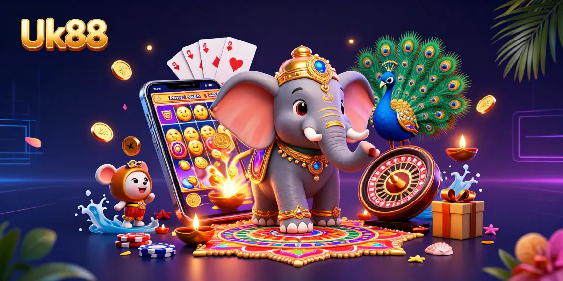 Engage with Uk88's vibrant casino experience featuring a lively Diwali-themed elephant surrounded by colorful gaming elements.