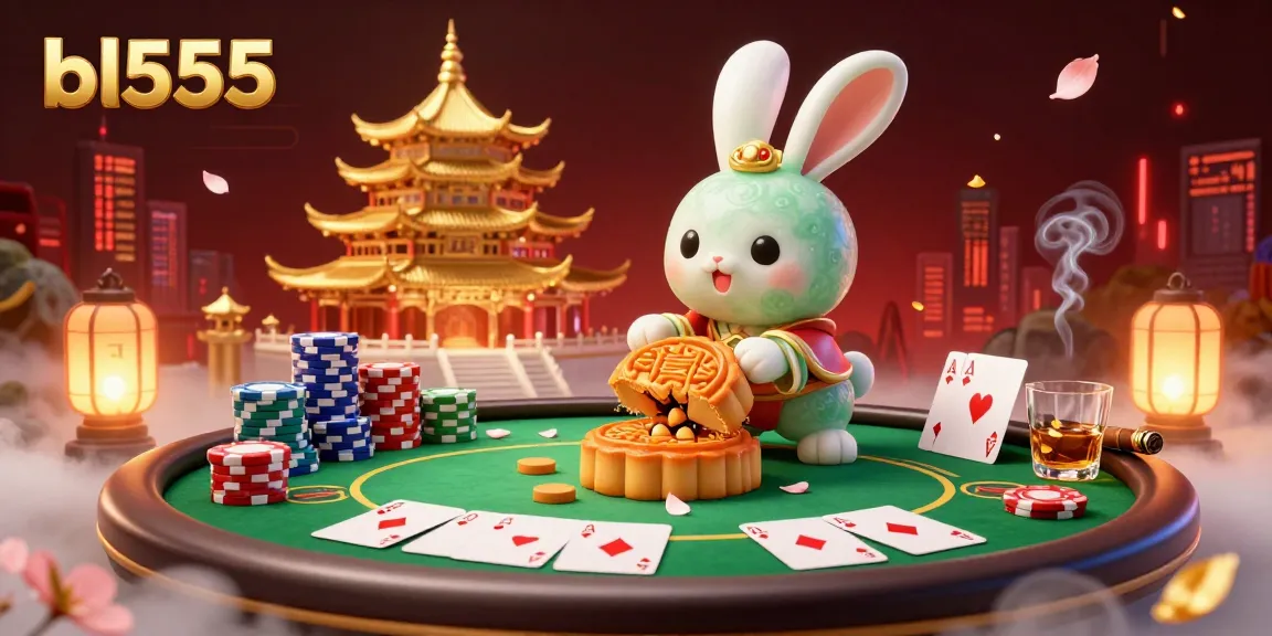 Experience poker excitement with bl555, featuring a vibrant scene of moon rabbits revealing poker chips amidst a rich gambling atmosphere.