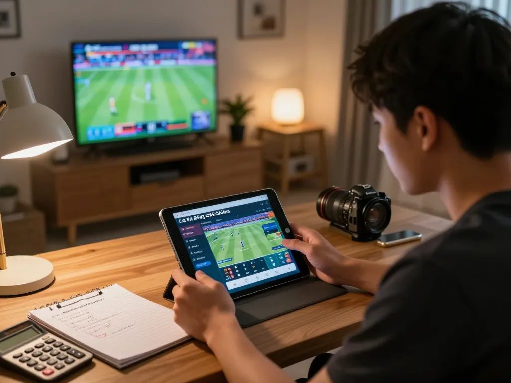 Cá Độ Bóng Đá Online betting enthusiast engaging with tablet and strategy notes at home