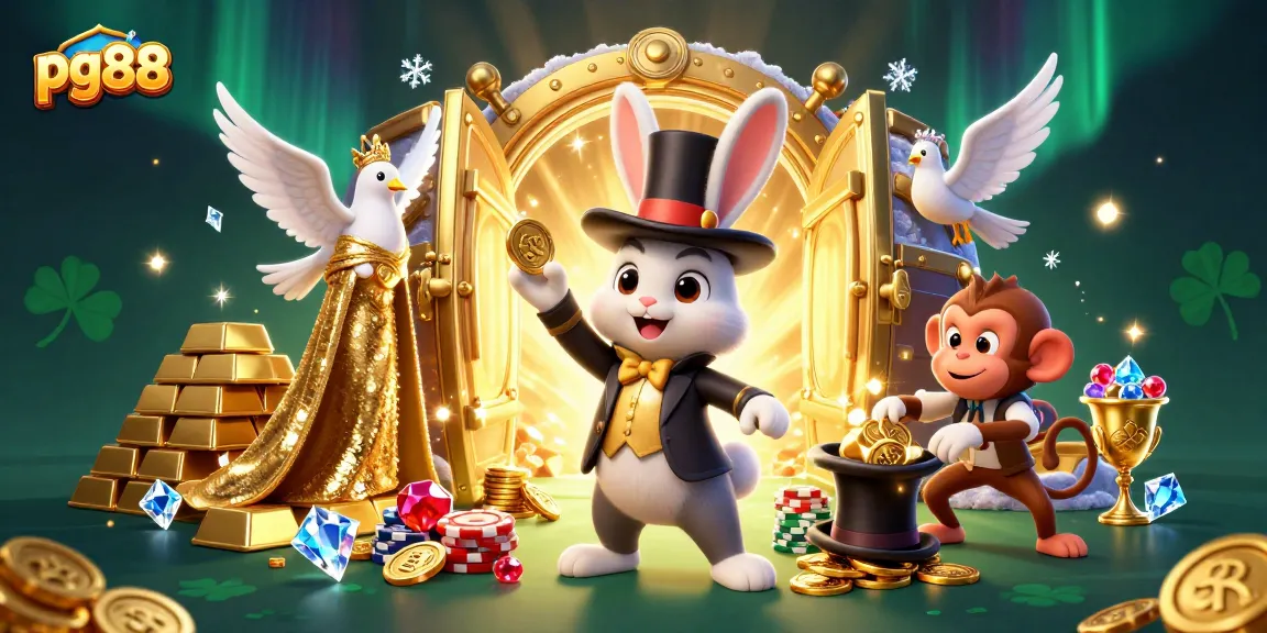 Experience thrilling gaming moments with pg88 as the magician rabbit conjures coins amidst sparkling treasures.