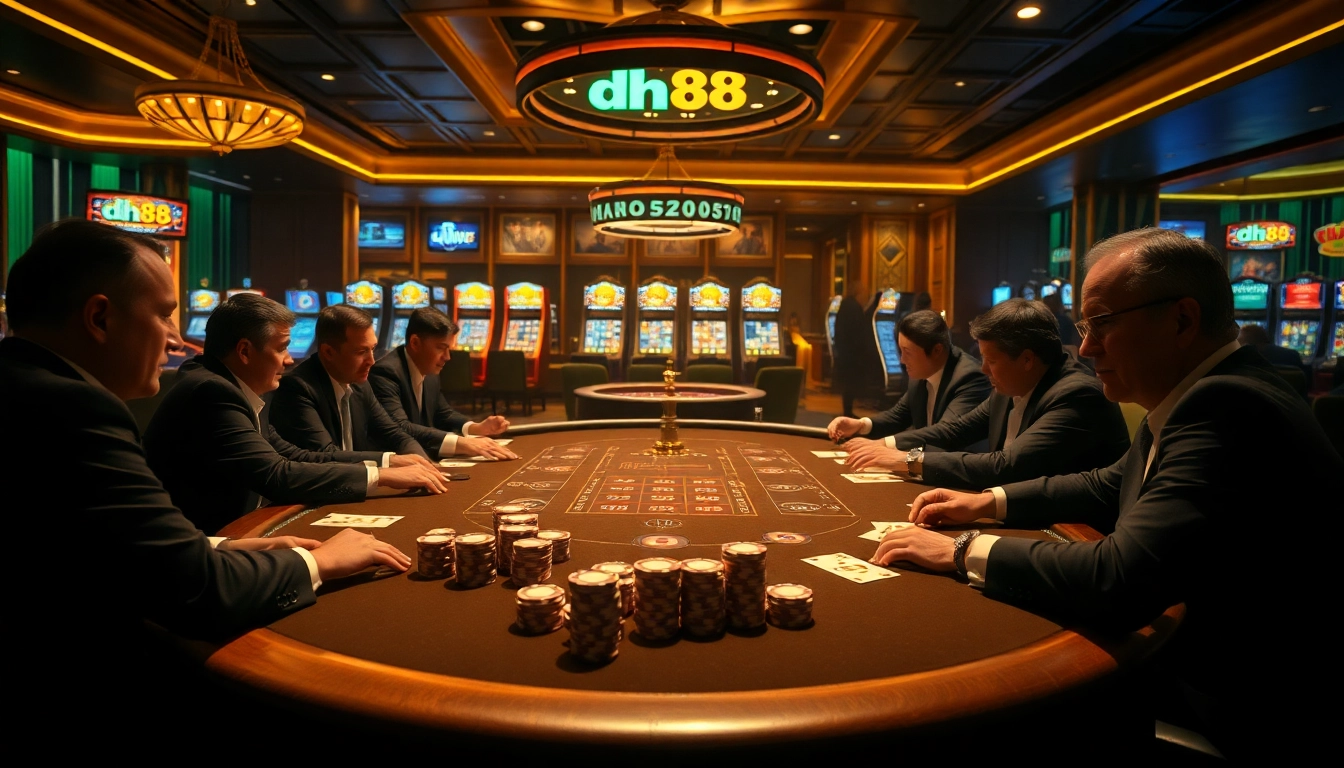 Experience thrilling poker gameplay at a luxury casino featuring the dh88 brand, rich decor, and intense strategy.