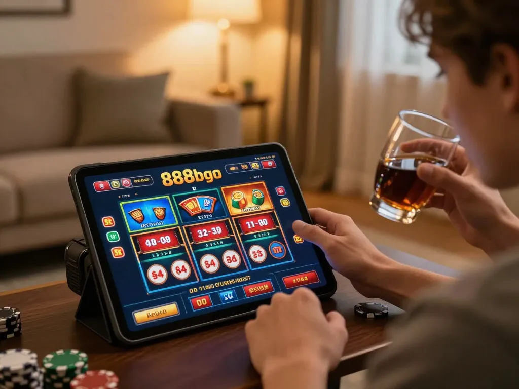 Engaging with the 888bgo online casino on a tablet in a cozy home setting, placing bets.