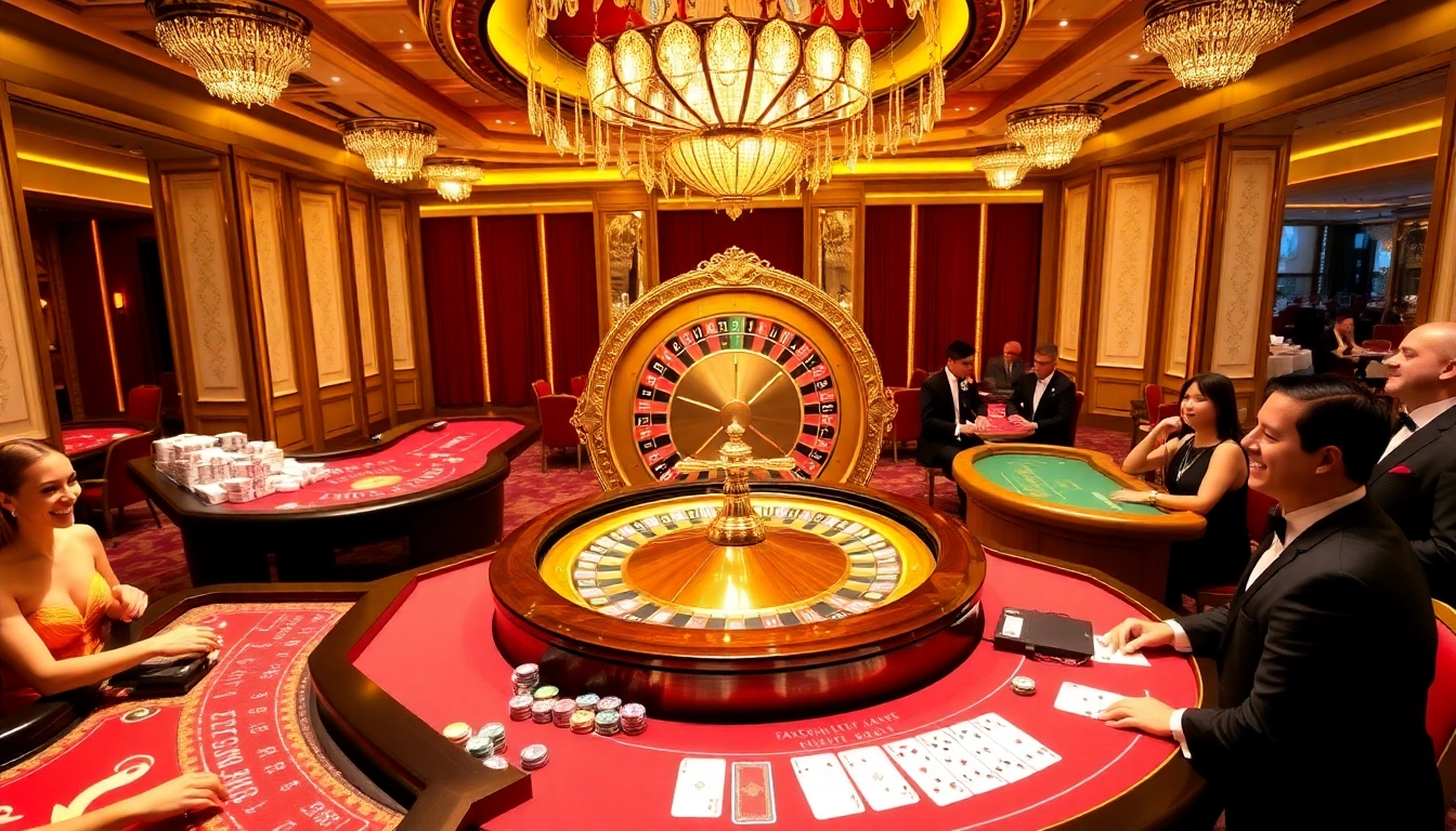 Players enjoying thrilling casino games at 888vina.com with luxurious decor and vibrant atmosphere.