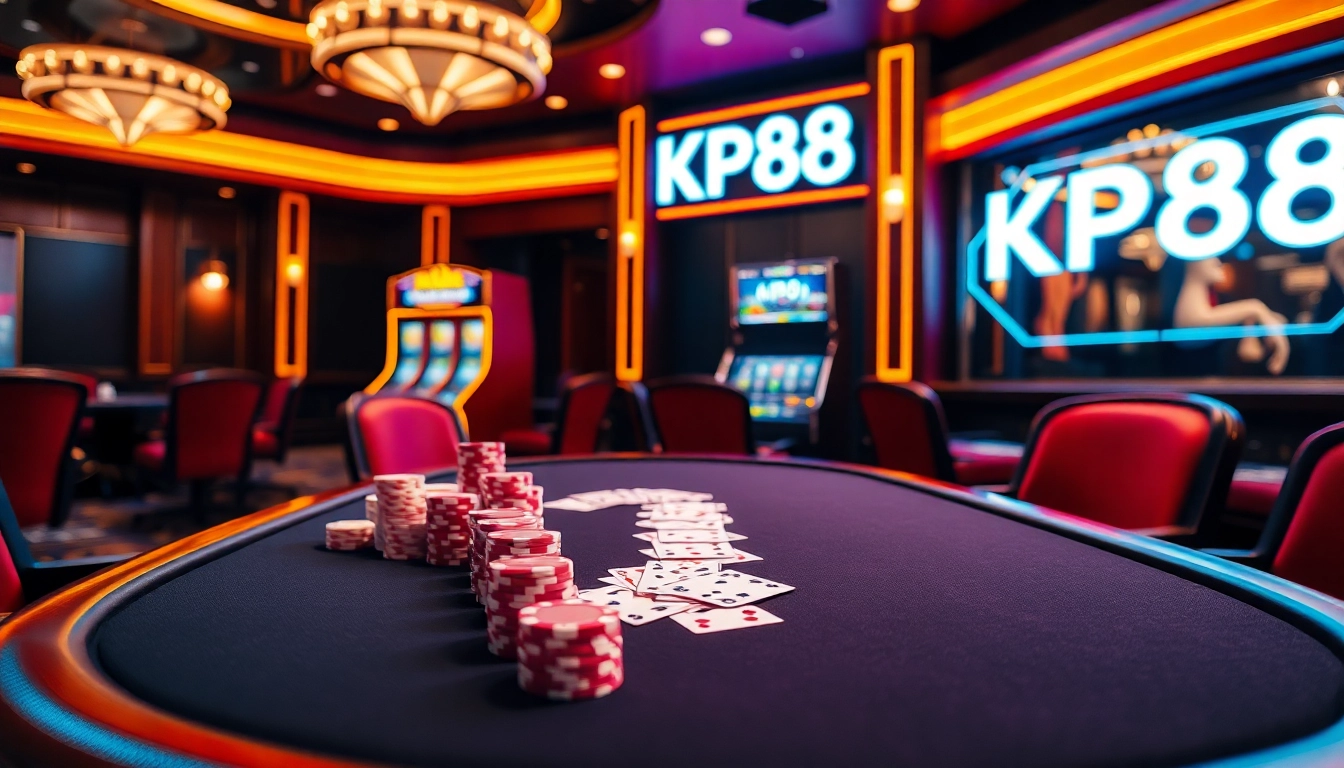 Exciting KP88 casino scene with poker chips and illuminated slot machine.