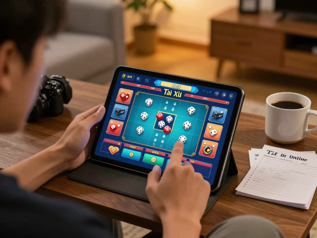Player engaged with taixiuonline8 app on tablet, showcasing a cozy and strategic online gambling environment