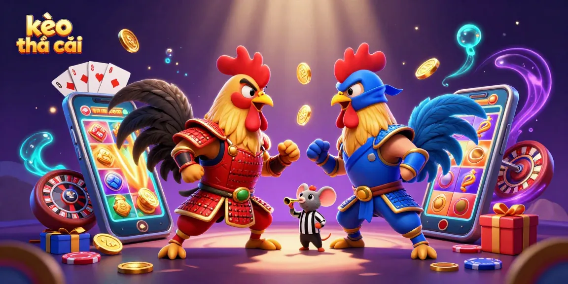 Bettors analyze kèo nhà cái action between fighting roosters in a dynamic 3D casino scene.