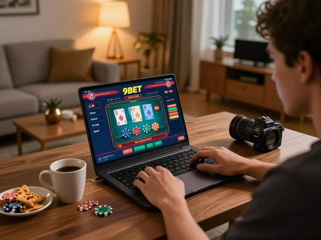 Engaging in 9BET online gaming at home, showcasing a laptop with vibrant casino interface.