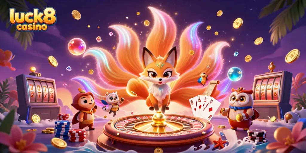 Engage in thrilling gaming at luck8 casino with vibrant characters and casino elements.