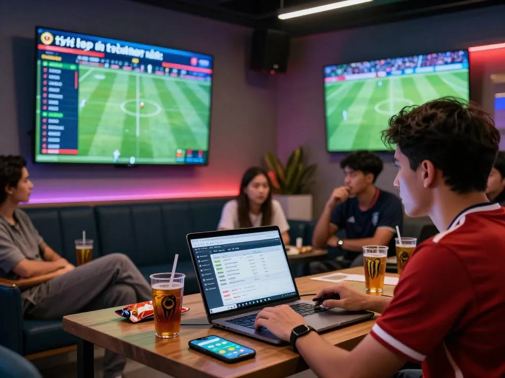 Engaged fan analyzing tỷ lệ kèo trực tuyến in a lively sports lounge with friends.