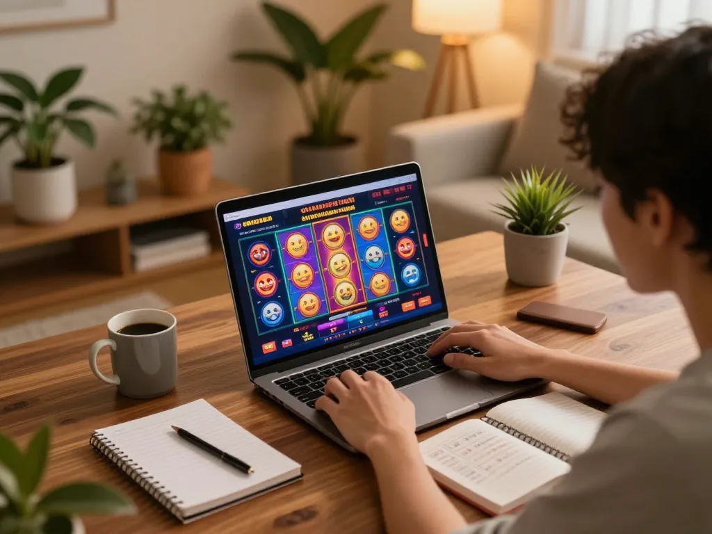 Enjoying Slot Malaysia online gameplay on a laptop in a cozy home environment, showcasing strategic moments and comfort