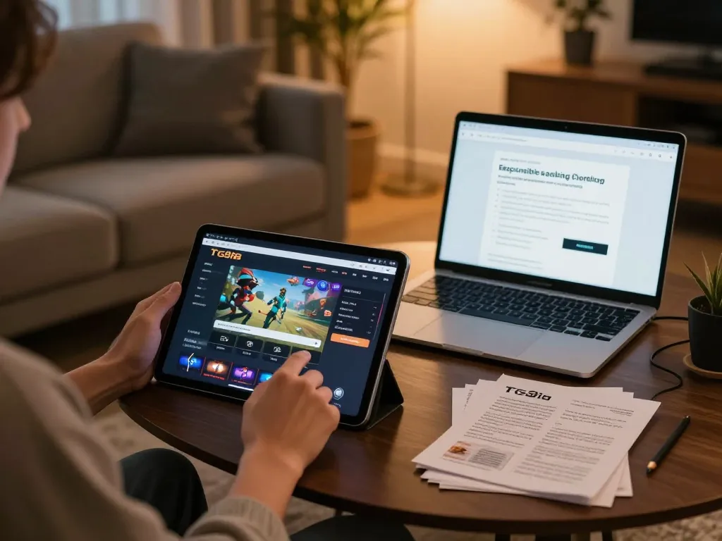 Person using TG88 platform to play online games responsibly amidst a cozy home setting.