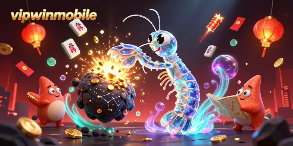 Experience the vibrant action of vipwinmobile as a galactic mantis shrimp battles through an explosion of jewels.