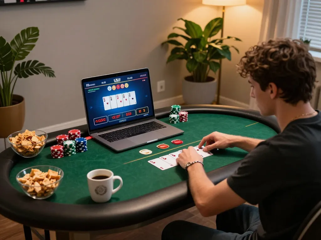 Player engaging in a strategic poker game online with Debet, capturing the thrill of virtual gambling.