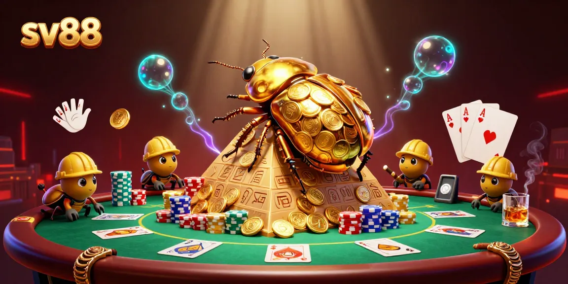 Engage with sv88 at the dynamic casino scene featuring a golden dung beetle, poker elements, and vibrant colors.