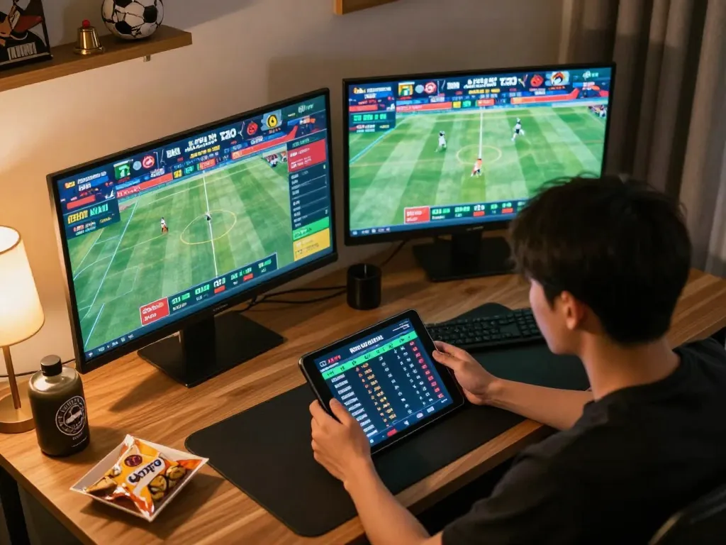 Kèo nhà cái 5 sports betting scene with tablet interface showcasing live odds and events