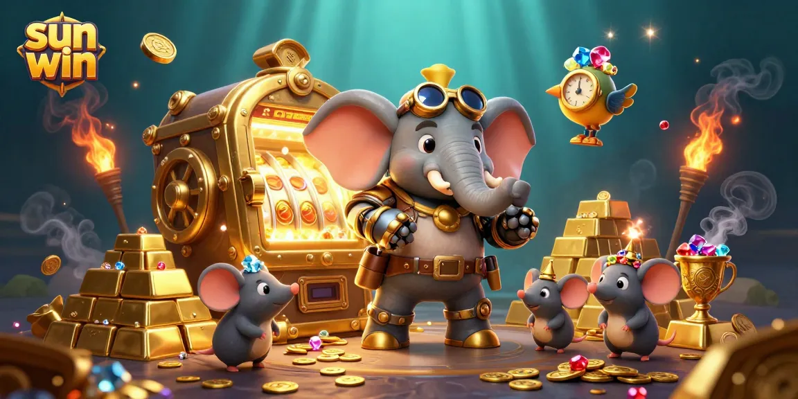 Spin the reels in the sun win casino environment, featuring a steampunk elephant and golden treasures.