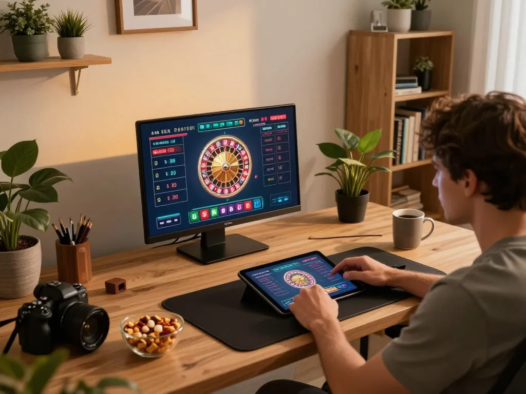 Hitclub user placing bets in an online roulette game on a tablet while relaxing at home.