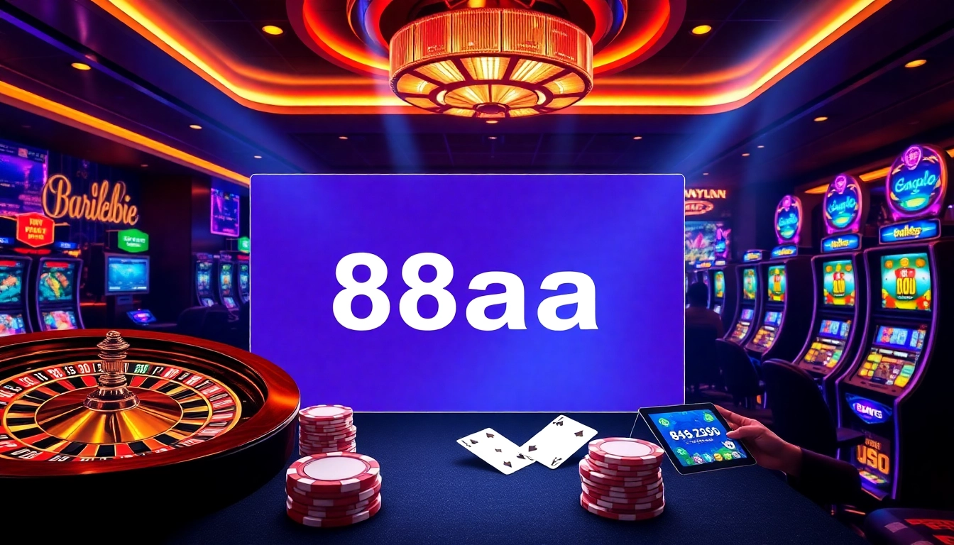 Engaging gambling scene showcasing 88aa with casino elements like cards, chips, and slots.