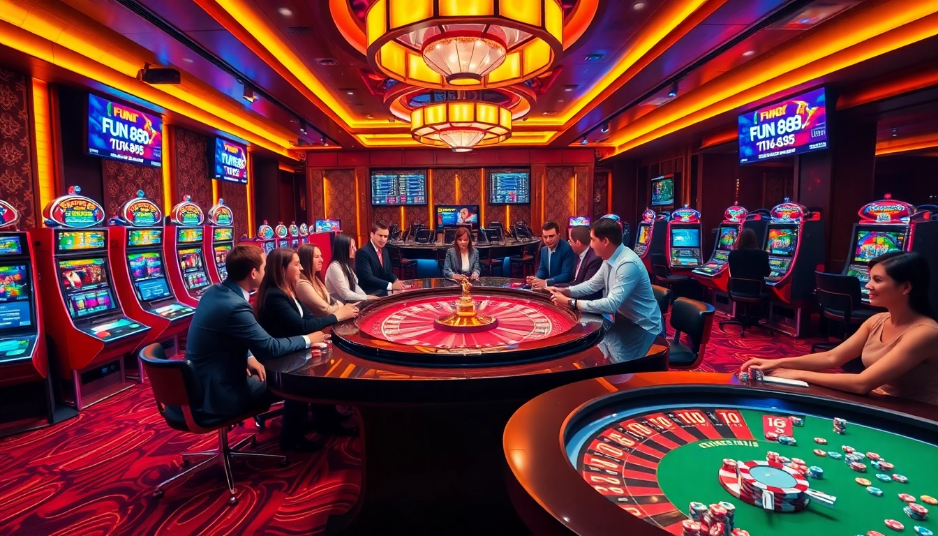 Players engaging in thrilling bets at Fun 88's luxurious casino table with vibrant games.
