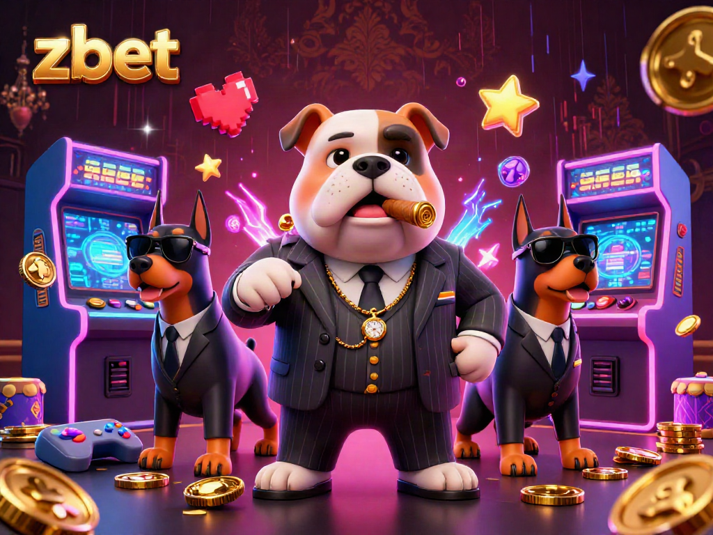 Zbet casino showcases a vibrant scene with a mafia bulldog and bodyguard Dobermans immersed in a thrilling environment.