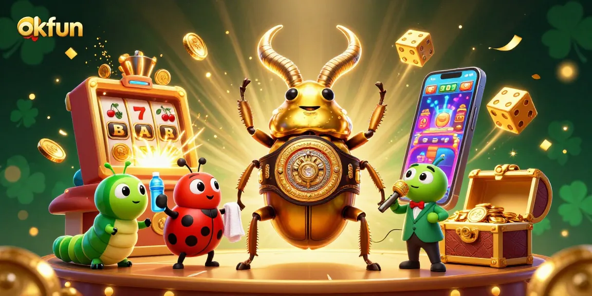 Experience thrilling gameplay at okfun with a golden stag beetle champion, jackpot symbols, and dynamic casino elements.