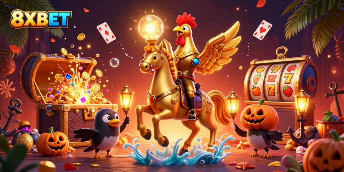 Experience the thrilling atmosphere of 8XBET with a golden rooster riding a spectral horse through a vibrant casino scene.