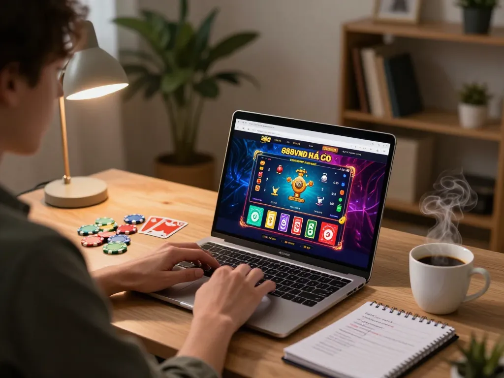 Engaged player navigating 888vnd nhà cái platform while strategizing in a warm, inviting home office.