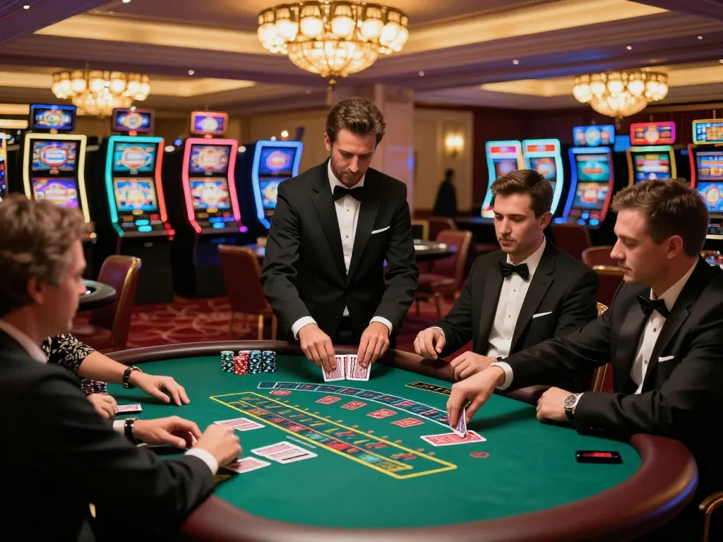 Expert players engaging in a dynamic blackjack game at 789win789 casino, chips stacked high, captivating atmosphere.