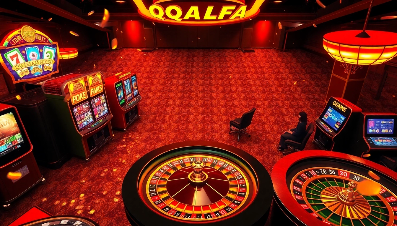 Engage with QQALFA's vibrant online casino scene featuring slot machines and roulette wheels.