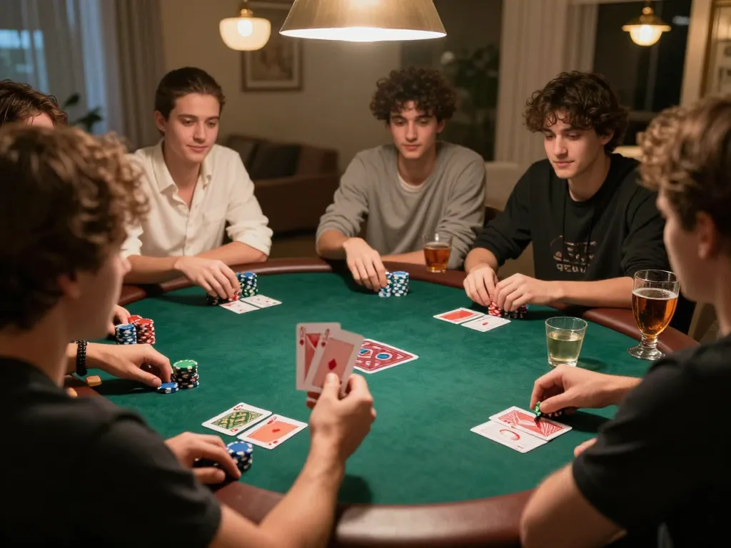 Friends enjoying a poker night while playing at home with chips and cards visible, all at https://www.mnm88.com/.