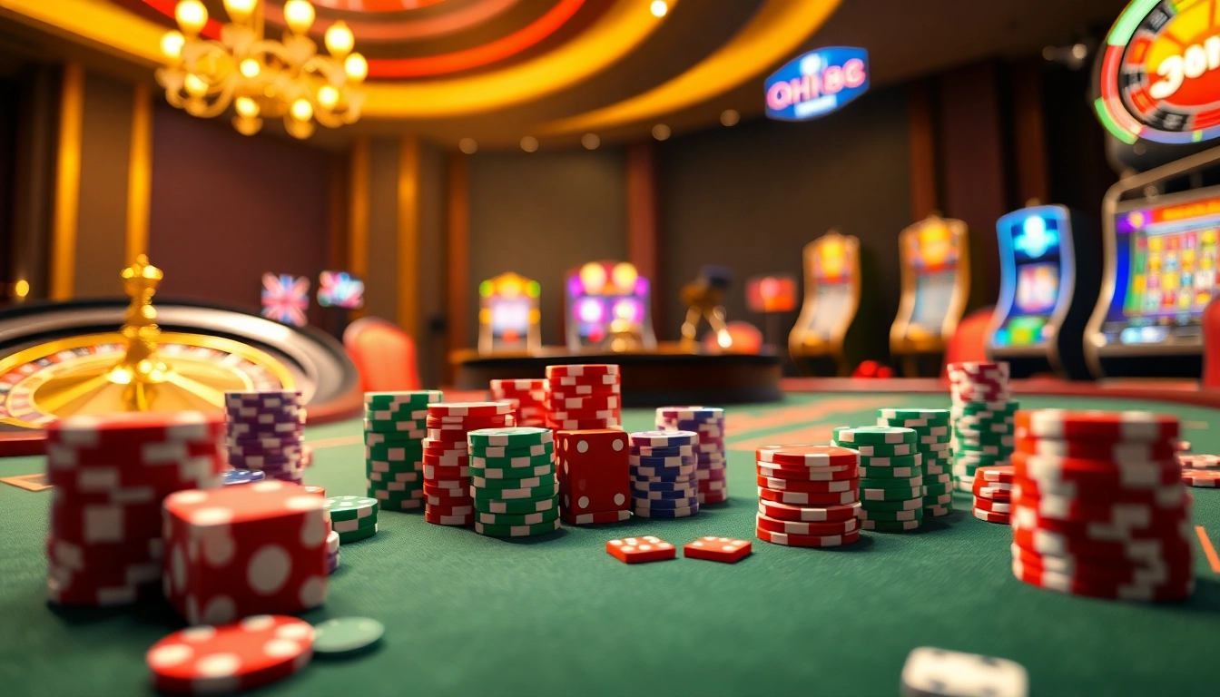 Experience the thrill of qh88 with vibrant casino visuals featuring poker chips and cards.