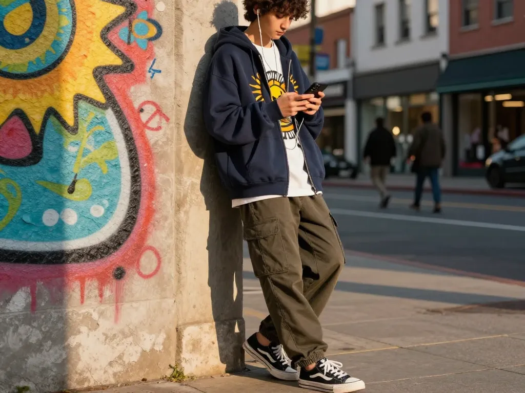Urban fashion scene featuring a person in sunwin gear, capturing stylish street culture.