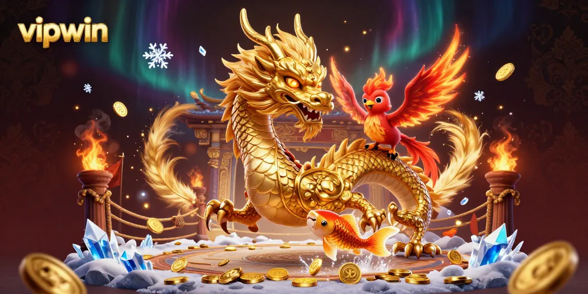 Experience thrilling gaming at vipwin with fierce dragon, phoenix, and koi fish amidst gold!