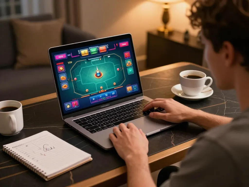 B52 Club online poker player engaging in strategic gameplay and strategies on a laptop.