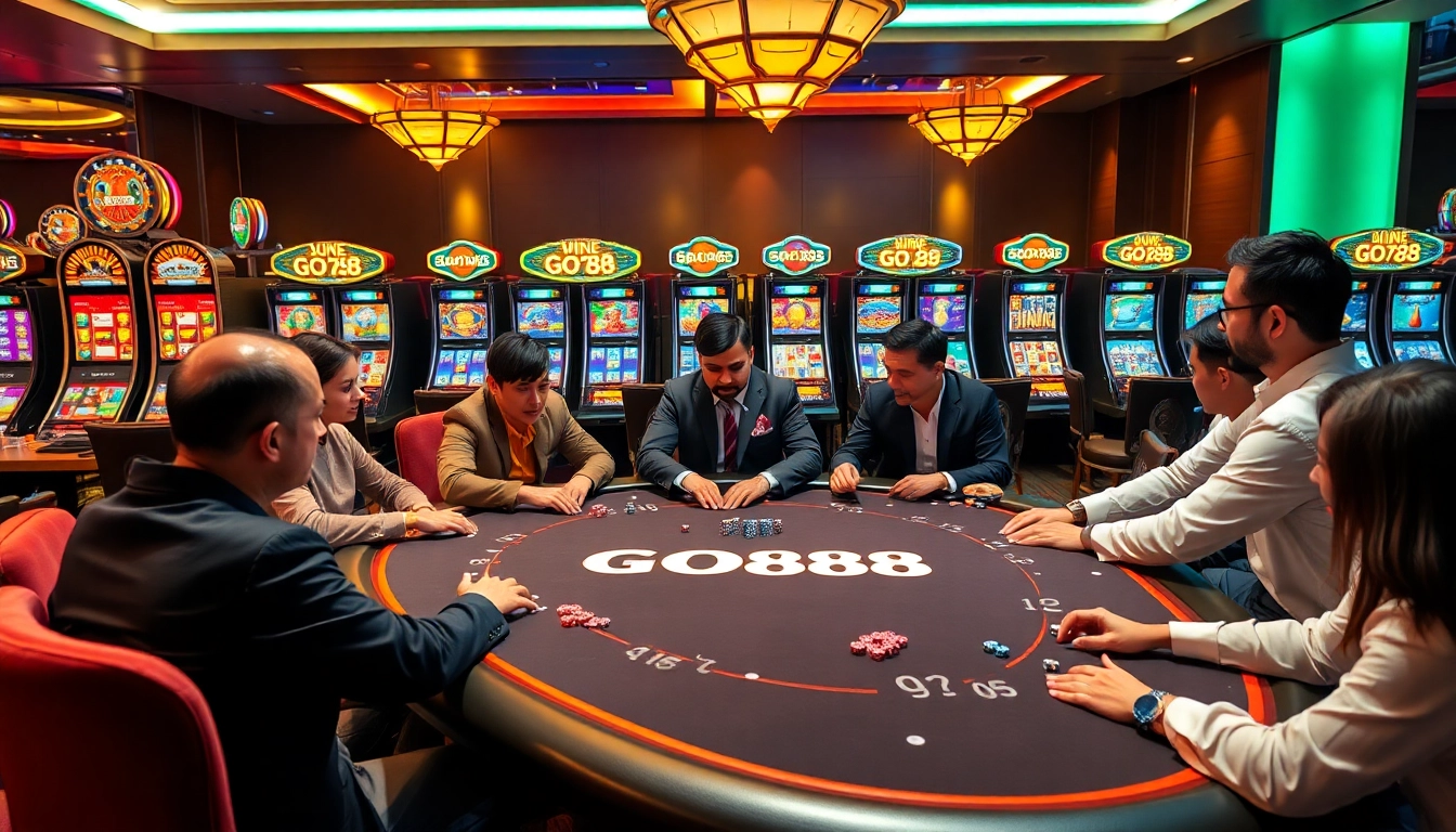 Players immersed in a GO88 poker game at a luxurious casino table, enhancing the excitement of gambling.