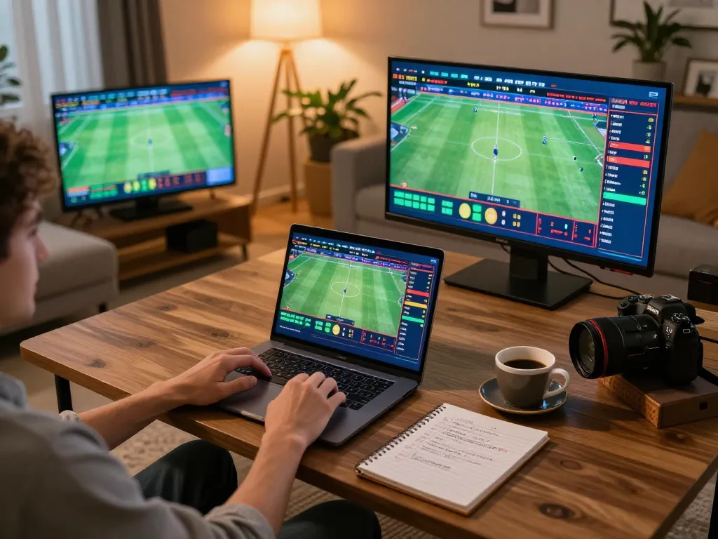 Betting enthusiast excitedly engages with 888top homepage through multiple screens showing live matches and betting info