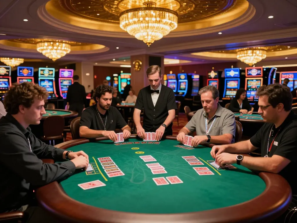 Players experiencing blackjack at NOWGOAL-themed professional casino, showcasing high-stakes gaming.