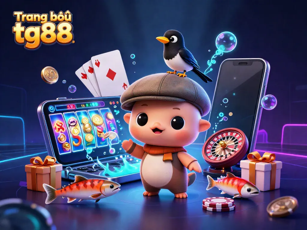 Engage with the vibrant world of Trang chủ tg88 featuring a playful baby Nessie and gold-obsessed magpie amidst exciting casino elements.