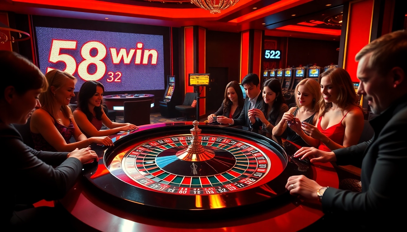 Players enjoying a thrilling game at a luxury casino featuring 58win 32 signage.