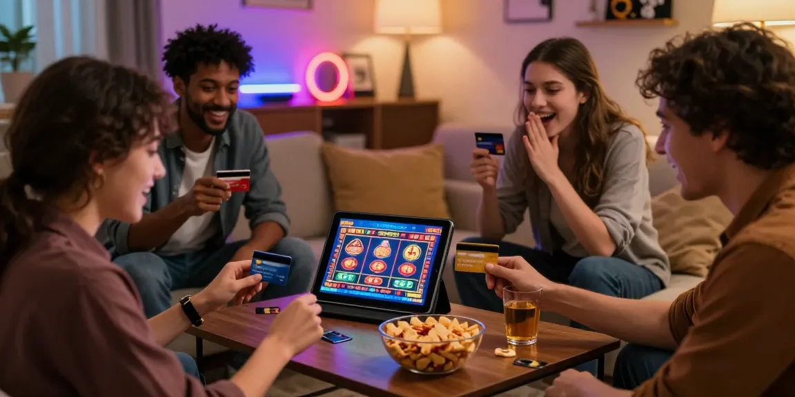 Friends enjoying games at online casinos that take credit cards in a cozy living room.