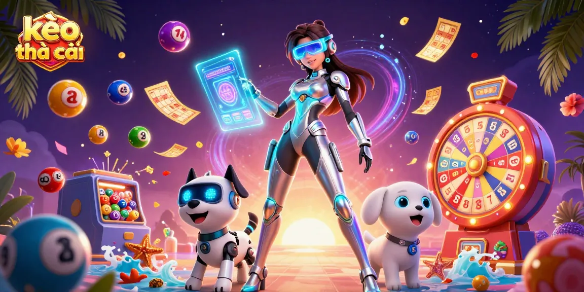 Engage with kèo nhà cái through vibrant lottery and gaming elements in this lively illustration.