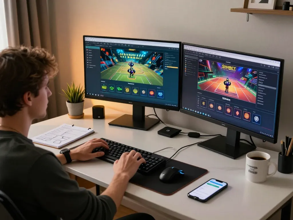 SHBET player engaged in online casino gaming at home, showcasing a modern setup with multiple screens and strategy notes.