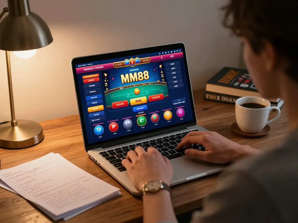 Person engaging with MM88 online casino games, laptop displaying vibrant gaming interface